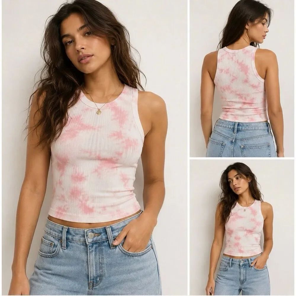 Aerie Ribbed Tie Dye Tank Top Pink White Soft Girl Lounge Top S